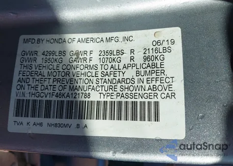 2019 Honda Accord Ex from USA, damaged, VIN 1HGCV1F46KA121788